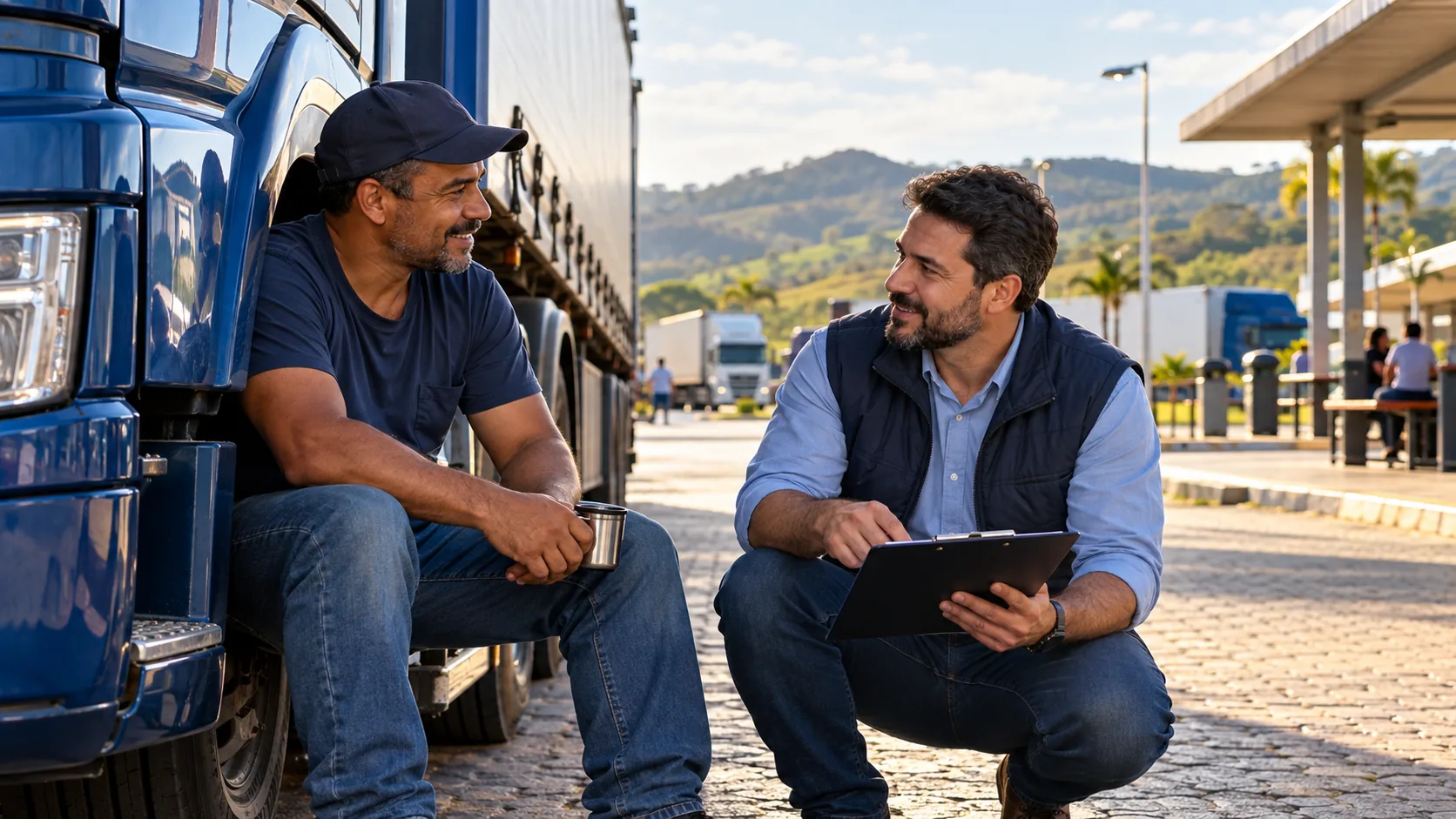 Motorista e gestor conversam durante uma pausa na jornada